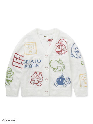 Super Mario women's Baby Moco cardigan featuring ally and enemy characters in a colorful jacquard pattern.
