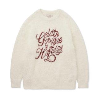 Feather Pullover Sweater with "Golden Goose Holiday" text, soft fabric, festive design, and cozy feel for ultimate holiday comfort.