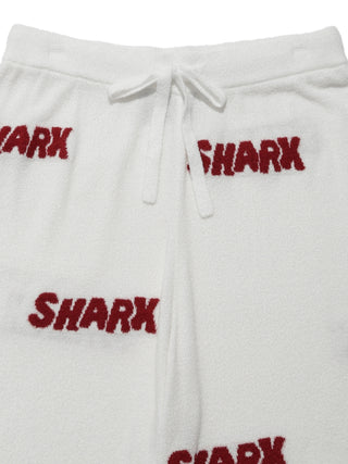 COOL SHARK Logo Jacquard Men's Lounge Shorts featuring red shark lettering and drawstring waist on white fabric.
