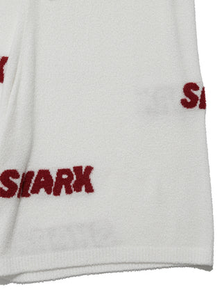 COOL SHARK Logo Jacquard Men's Lounge Shorts with red shark lettering on soft white fabric by Gelato Pique USA, perfect for summer comfort.