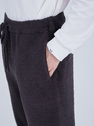 Close-up of Baby Moco Men's Long Lounge Pants in soft black BabyMoco material with drawstring, showcasing luxurious comfort.