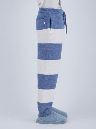 Side view of Baby Moco Men's Long Lounge Pants in blue and white stripes, made from warm Babymoco material by Gelato Pique HOMME.