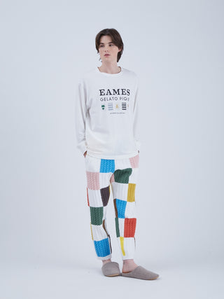 Model wearing EAMES Gelato Pique long sleeve tee and colorful patchwork pants.