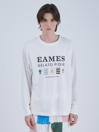 Model wearing EAMES House of Cards men's long sleeve tee with mid-century graphic design and bear logo.