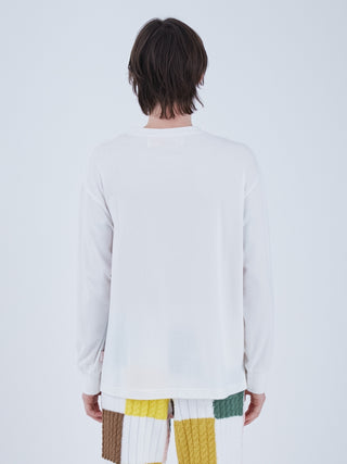Back view of a man wearing a white EAMES House of Cards long sleeve tee, showcasing mid-century inspired style.