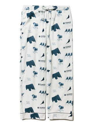 Men's lounging pajama pants with EAMES chair motif, featuring mid-century style prints in navy on white fabric.