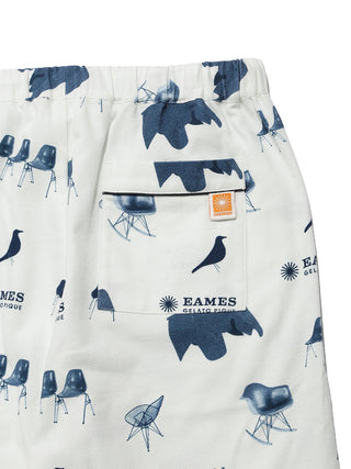 EAMES Chair Motif Men's Pajamas in recycled cotton featuring mid-century prints in navy and orange.