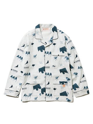 EAMES Chair Motif Men's Pajama Shirt with chair and logo print, sustainable cotton, elegant piping design, mid-century style.