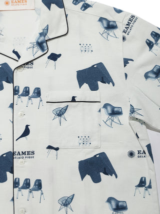 EAMES Chair Motif Men's Pajama Shirt with mid-century design, featuring iconic Eames chair print, made from 100% cotton.