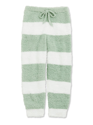 Green and white striped sustainable fluffy pajama pants for men, eco-friendly fabric with ribbed hem and drawstring waist.