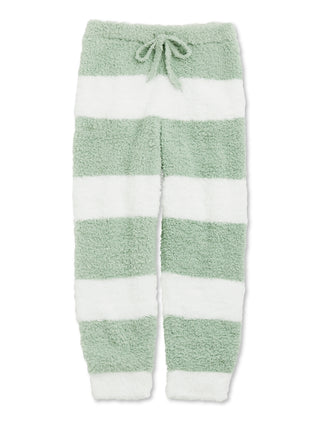 Green and white striped men's fluffy pajama pants, eco-friendly recycled fabric, ribbed hem.