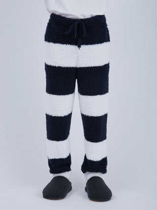 Sustainable black and white striped men's fluffy pajama pants with eco-friendly recycled gelato fabric, ribbed hem, and comfort fit.