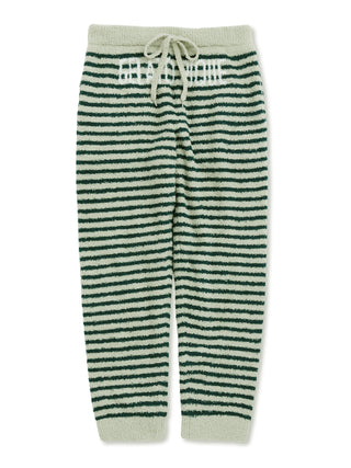 Green and black striped men's lounge pants with drawstring waist, made from plush Baby Moco fabric, featuring a cozy and playful design.