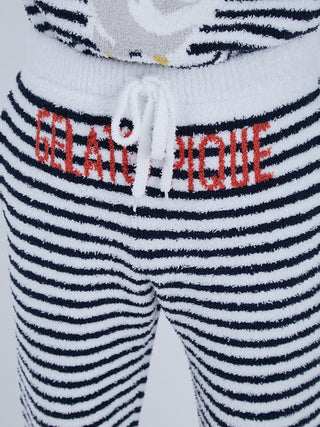 Close-up of Baby Moco Duck Stripe Men's Long Lounge Pants with black and white stripes and red logo detail.