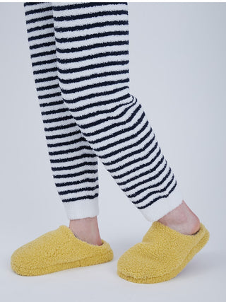 Striped baby moco mens long lounge pants with yellow slippers, featuring playful duck design and plush fabric for luxury comfort.