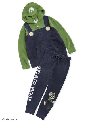 Luigi pullover and pants set with 'L' logo on hood, featuring authentic Super Mario Bros design for comfortable loungewear.