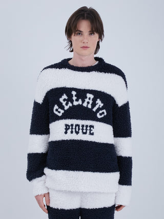 Sustainable recycled gelato double striped pullover sweater with jacquard logo, eco-friendly and stylish knit for cozy loungewear.