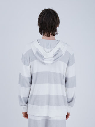 Back view of Men's Smoothie 2 Striped Zip Up Hoodie in gray and white, featuring bold stripes and a cozy hood for stylish comfort.