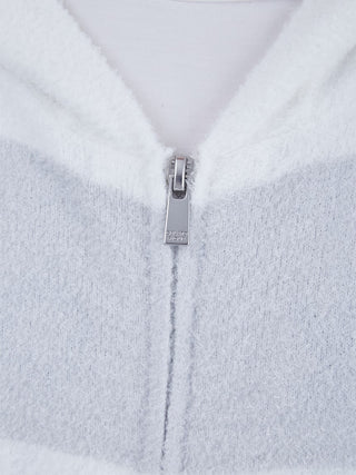Close-up of the Smoothie 2 Striped Zip Up Hoodie zipper, featuring soft textured fabric and stylish striped pattern.