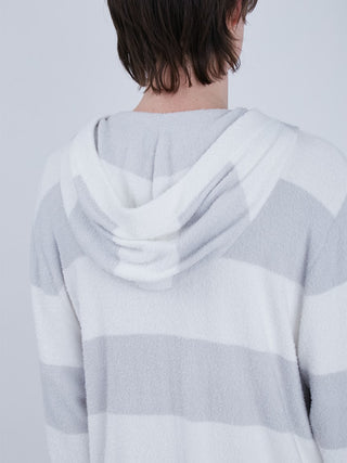 Back view of Men's Smoothie 2 Striped Zip Up Hoodie in white and grey stripes, showcasing the hood and soft fabric texture.