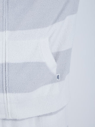 Close-up of MENS Smoothie 2 Striped Stripe Zip Up Hoodie in gray and white tones, featuring a pocket detail and soft fabric texture.