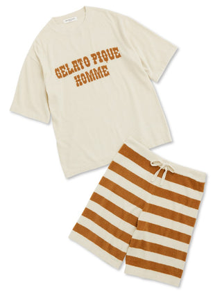 Smoothie Logo Men's Loungewear Set featuring striped shorts and a matching top in creamy brown tones for summer comfort and style.
