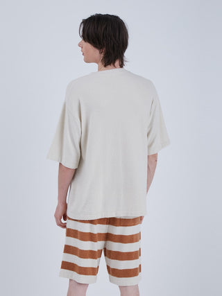 Smoothie Logo Men's Loungewear Set featuring a cream top and brown striped shorts, perfect for summer comfort and style.