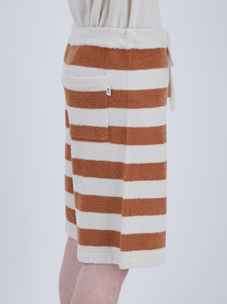 Side view of Smoothie Logo men's loungewear shorts with brown and white stripes, highlighting soft, comfortable fabric for summer wear.