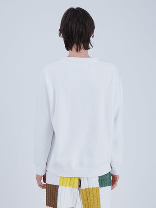 Back view of EAMES Air Moco Logo Men's Knit Pullover in white, showcasing modern elegance and a jacquard logo design.