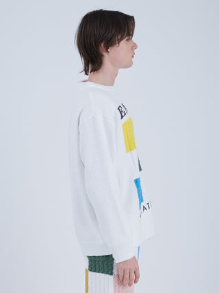 Side view of a person wearing the EAMES Air Moco Logo Men's Knit Pullover in white with colorful Jacquard logo patterns.