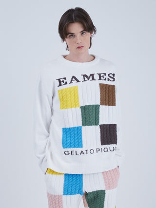 EAMES Air Moco Logo Men's Knit Pullover with colorful squares pattern, featuring elegant jacquard logo on a model.