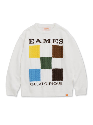 EAMES Air Moco Logo Men's Knit Pullover with colorful square design and text, made from recycled polyester, offering modern elegance.
