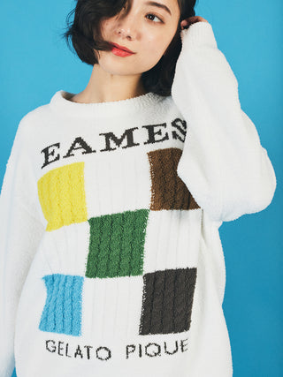 EAMES Air Moco Check-Logo Long Sleeve Pullover Sweater with iconic jacquard logo displayed by model, featuring checkered pattern.