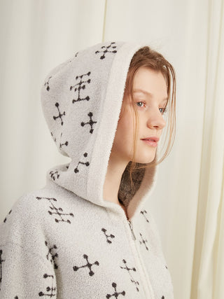 Woman wearing EAMES Smoothie Women's Zip Up Hoodie with iconic mid-century dot pattern in plush fabric.