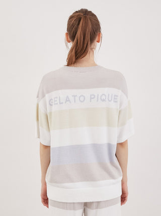 Back view of Gelato Pique pastel striped short-sleeved pullover showcasing cozy loungewear style.