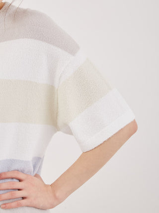 Smoothie Family Border Short-Sleeved Pullover with pastel stripes, showcasing cozy chic design and soft texture.