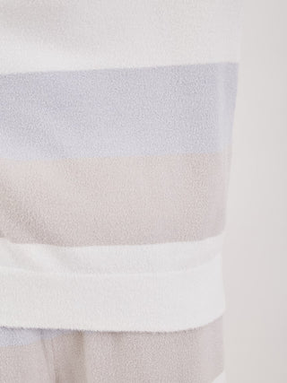 Close-up of pastel striped Smoothie Family Border Short-Sleeved Pullover showcasing soft textured fabric and cozy chic design.