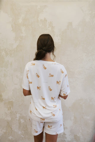 White Shiba Motif Lounge T-shirt by Gelato Pique USA, featuring playful Shiba Inu print. Premium loungewear and sleepwear for comfort.