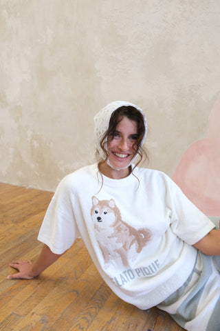 Woman wearing Gelato Pique USA Shiba Pullover & Shorts Loungewear Set in white, featuring a Shiba Inu design, for premium loungewear.