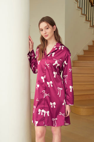 Ribbon Pattern Satin Shirt Dress with bow print and silky texture, perfect for elegant loungewear and casual style.