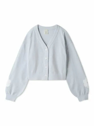 Airy Moco Flower Logo Jacquard Cropped Cardigan in Blue, Comfy and Luxury Women's Loungewear Cardigan at Gelato Pique USA