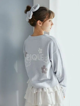 Airy Moco Flower Logo Jacquard Cropped Cardigan in Blue, Comfy and Luxury Women's Loungewear Cardigan at Gelato Pique USA