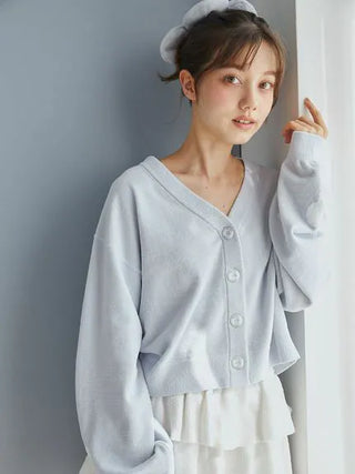 Airy Moco Flower Logo Jacquard Cropped Cardigan in Blue, Comfy and Luxury Women's Loungewear Cardigan at Gelato Pique USA