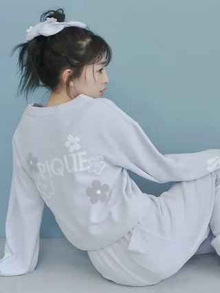 Airy Moco Flower Logo Jacquard Cropped Cardigan in Blue, Comfy and Luxury Women's Loungewear Cardigan at Gelato Pique USA