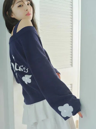 Airy Moco Flower Logo Jacquard Cropped Cardigan in Navy, Comfy and Luxury Women's Loungewear Cardigan at Gelato Pique USA