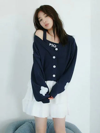 Airy Moco Flower Logo Jacquard Cropped Cardigan in Navy, Comfy and Luxury Women's Loungewear Cardigan at Gelato Pique USA