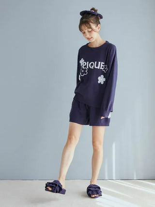 Airy Moco Flower Jacquard Lounge Shorts in Navy, Women's Loungewear Shorts at Gelato Pique USA