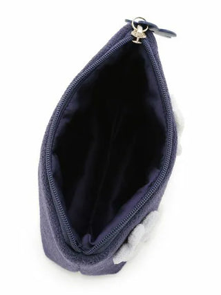 Open Airy Moco Flower Pouch with deep navy fabric, showing spacious interior and flower appliqués on the side.