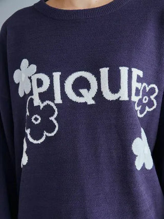 Airy Moco Flower Jacquard Pullover Sweater with white flower design and logo, showcasing soft and stylish lounging attire.