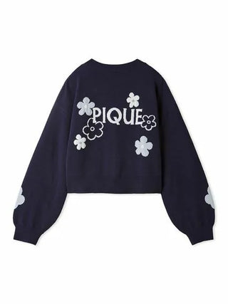 Airy Moco Flower Logo Jacquard Cropped Cardigan in Navy, Comfy and Luxury Women's Loungewear Cardigan at Gelato Pique USA